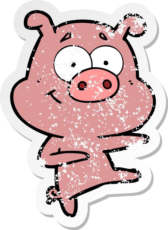 distressed sticker of a cartoon pig pointing vector