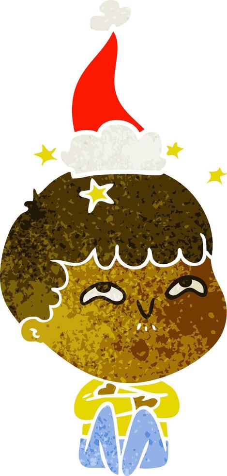 retro cartoon of a amazed boy wearing santa hat vector