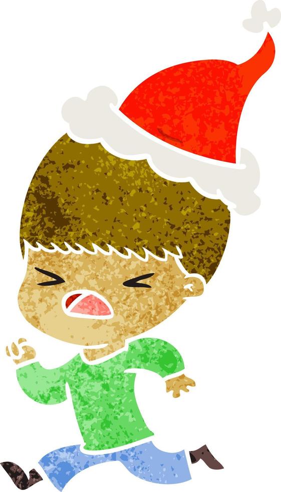 retro cartoon of a stressed man wearing santa hat vector