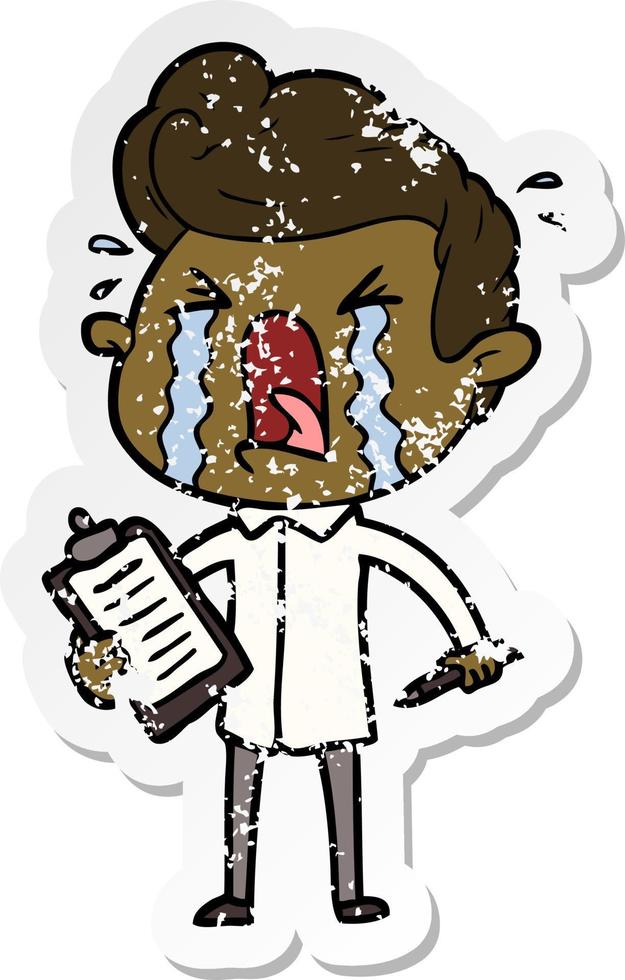 distressed sticker of a cartoon crying man vector