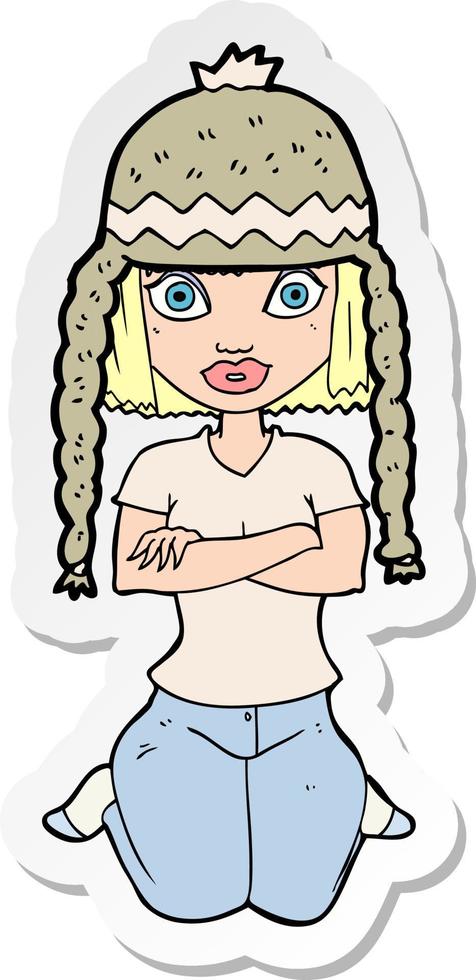 sticker of a cartoon woman wearing hat vector