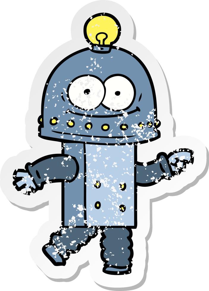 distressed sticker of a happy carton robot with light bulb vector