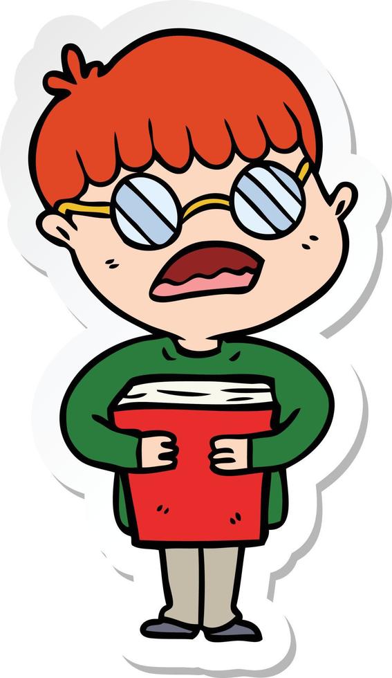 sticker of a cartoon boy hugging book wearing spectacles vector