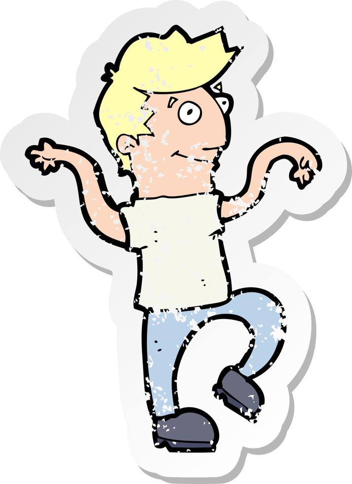 retro distressed sticker of a cartoon happy man doing funny dance vector