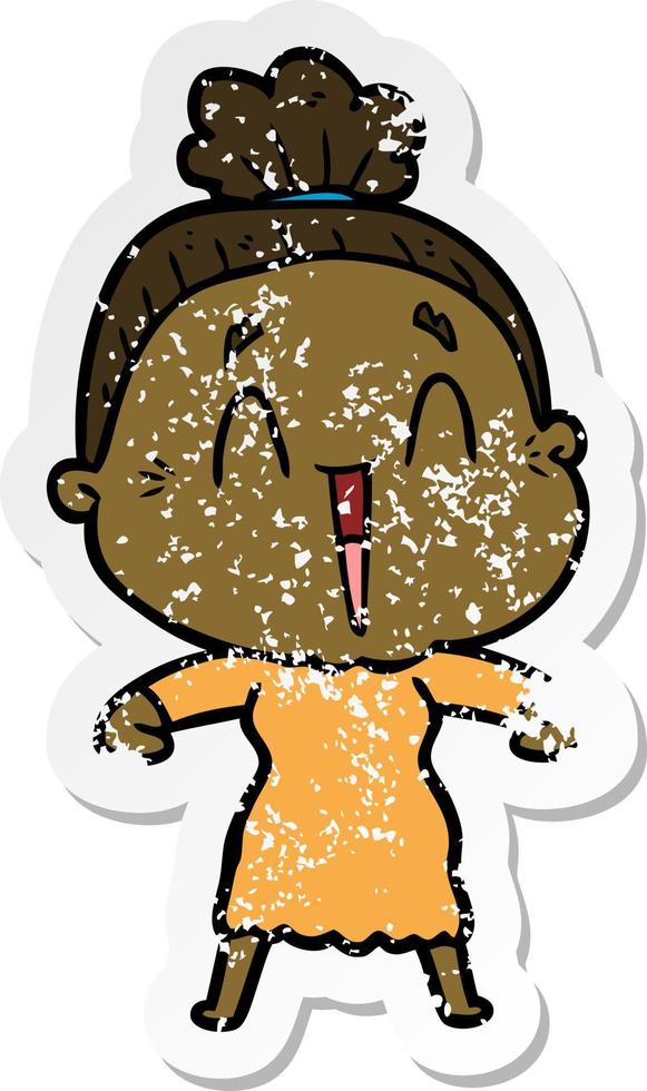 distressed sticker of a cartoon happy old lady vector