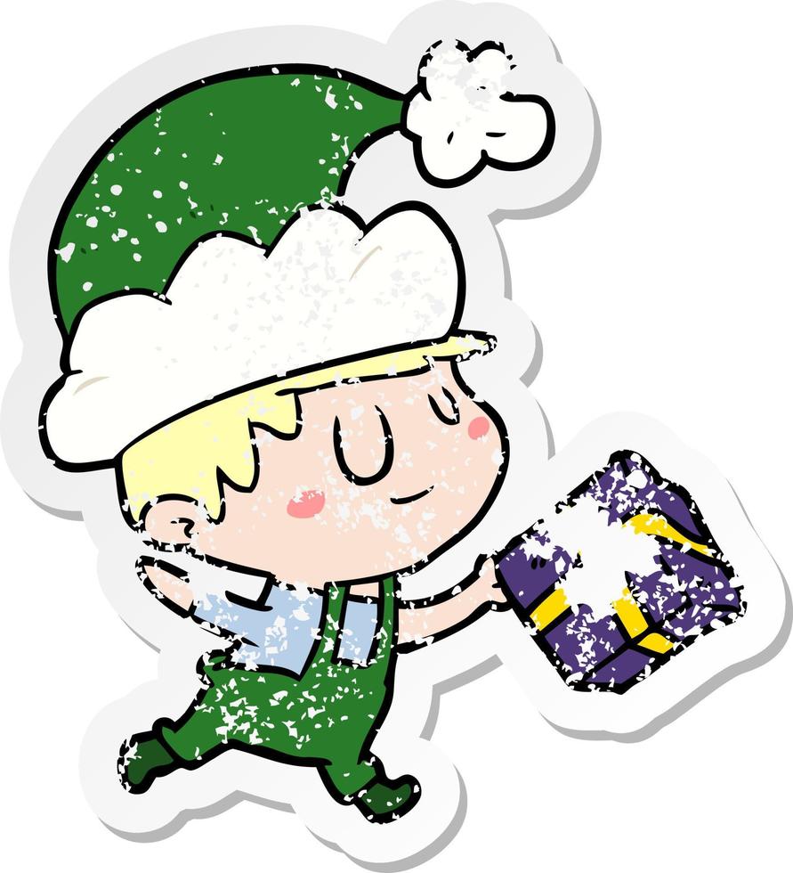 distressed sticker of a cartoon happy christmas elf vector