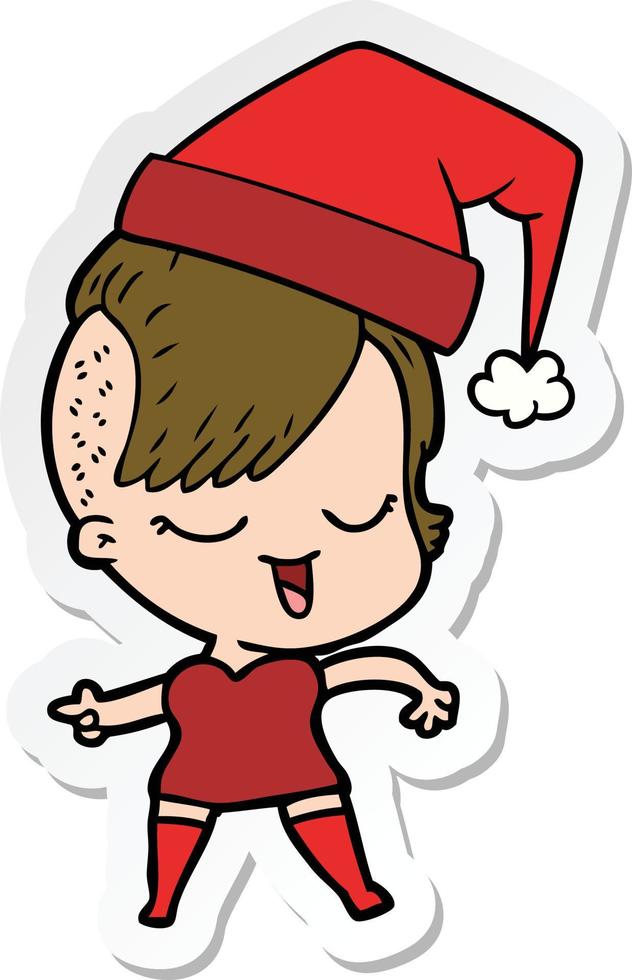 pegatina de una chica feliz de dibujos animados con sombrero de Navidad vector