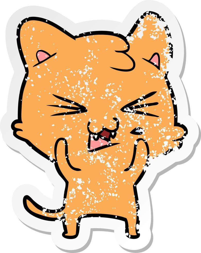 distressed sticker of a cartoon hissing cat vector