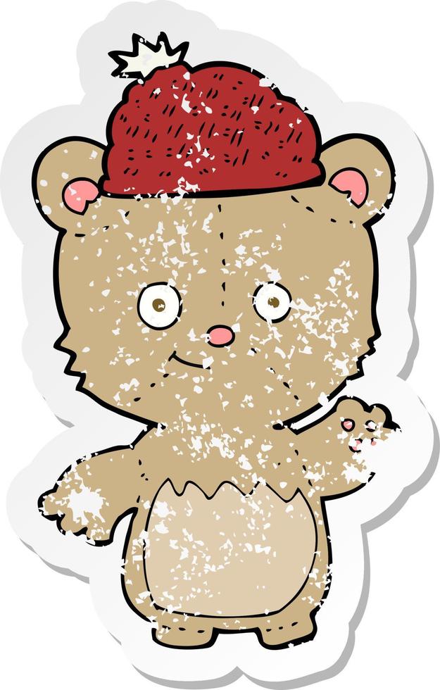 retro distressed sticker of a cartoon bear in hat vector
