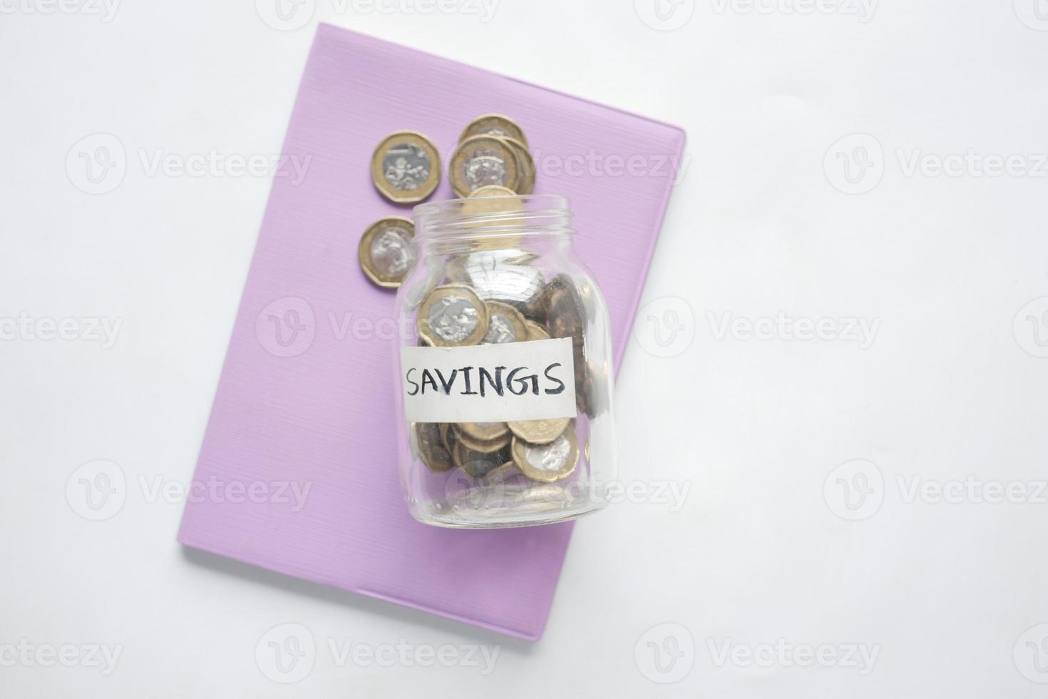 saving coins jar and calculator on table photo