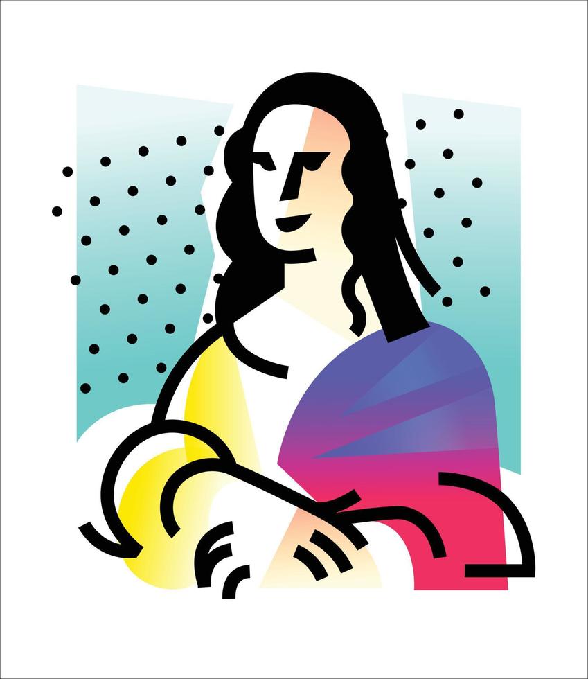 Illustration of the Mona Lisa. Icon of Gioconda, the artist Leonardo Davinci. Logo of a famous work, interpretation. Vector flat illustration. Logo for beauty salon, studio. Abstract image.