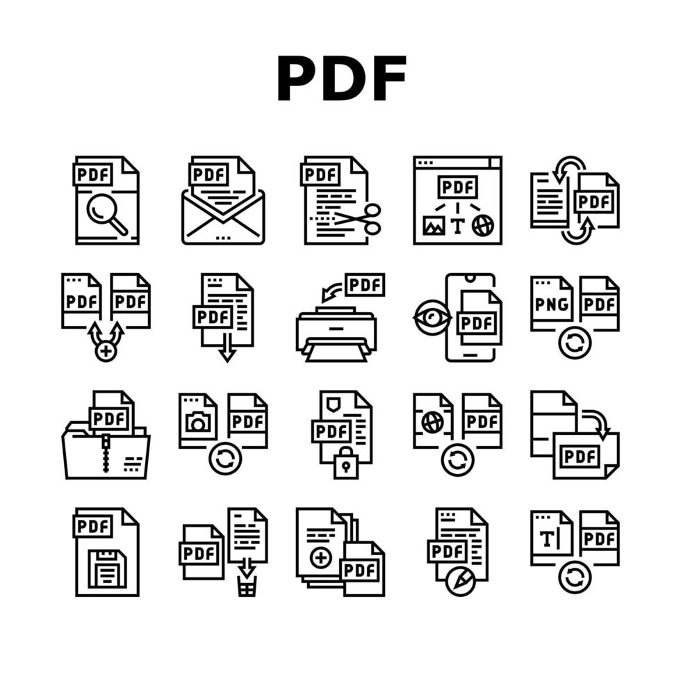 Pdf Electronic File Collection Icons Set Vector