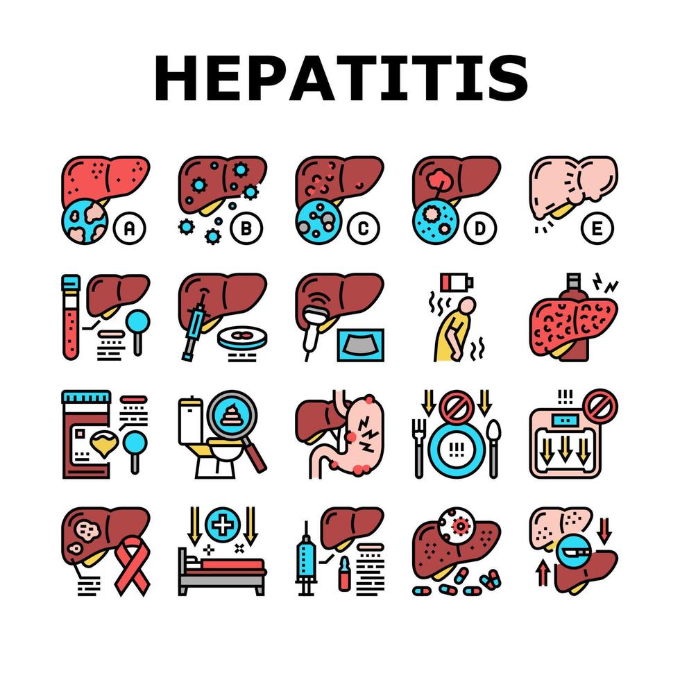 conjunto de iconos de problemas de salud del hígado de hepatitis vector