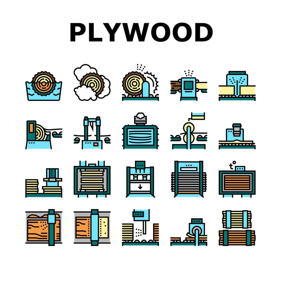 conjunto de iconos de colección de producción de madera contrachapada vector