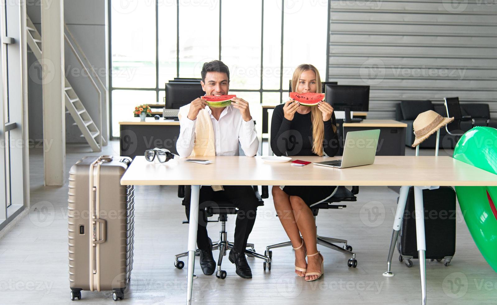 Lover and summer vacation concept. Young attractive couple preparing  travel accessories for international business trip or long journey summer vacation photo