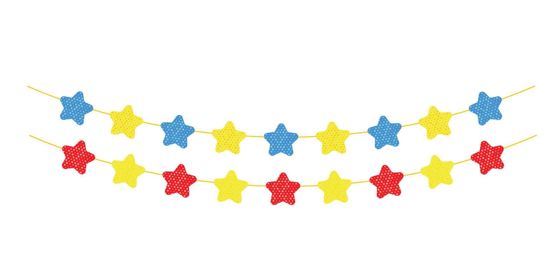 Garland of colored stars-gold, blue, red . Thread with ornaments. A holiday attribute. Vector