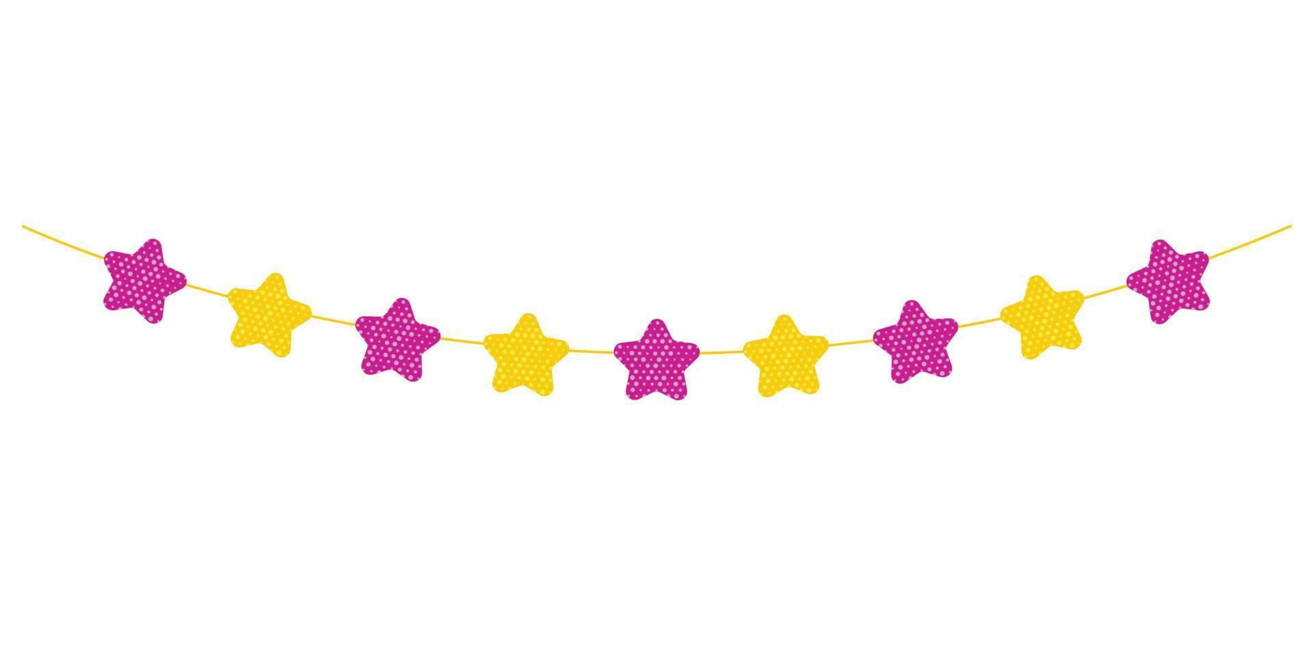 A garland of pink and yellow stars. Thread with ornaments. A holiday attribute. Vector