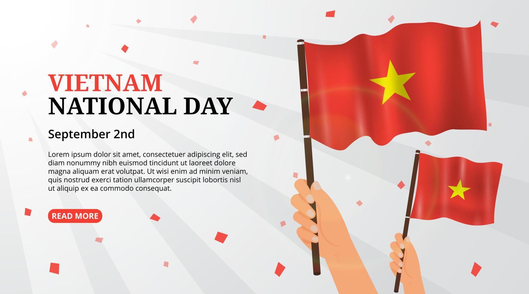 Vietnam national day background with a hand holding waving flag vector