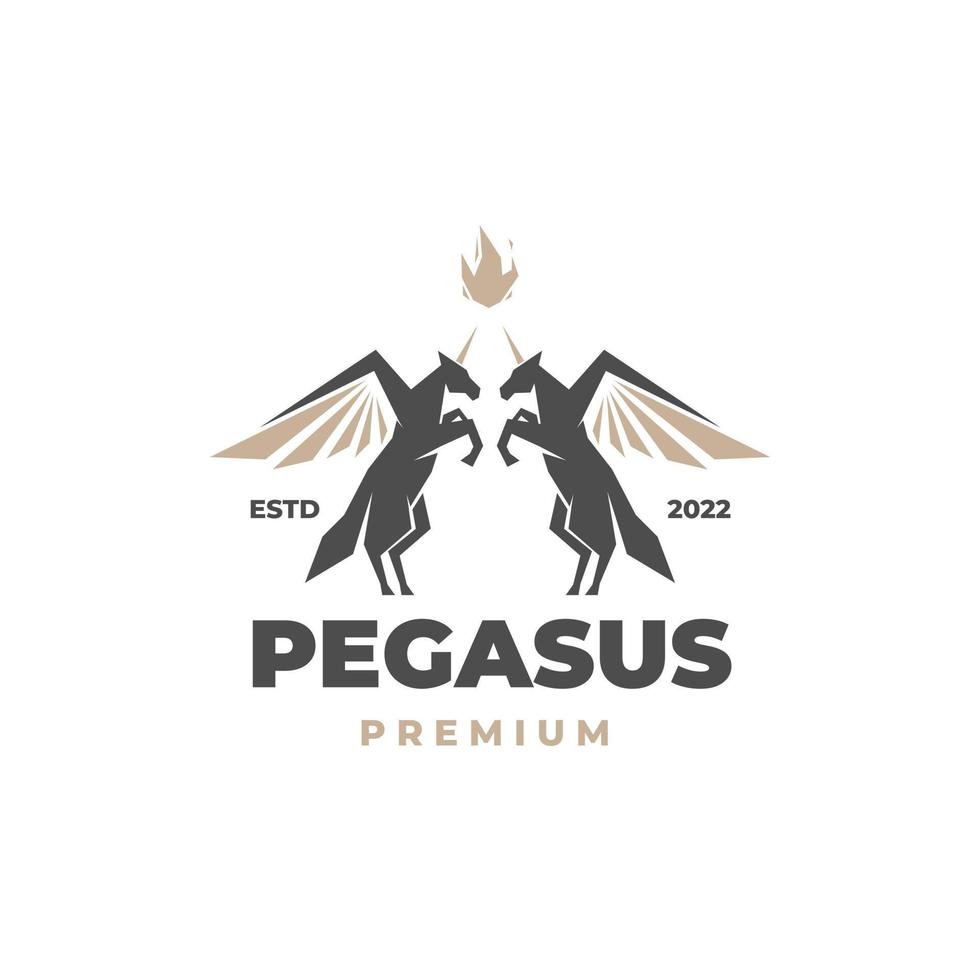 Twin black Pegasus horse illustration logo with elegant abstract fire vector