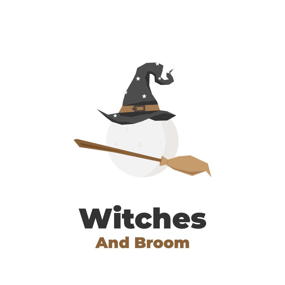 Witch hat and broom illustration logo in the moonlight vector