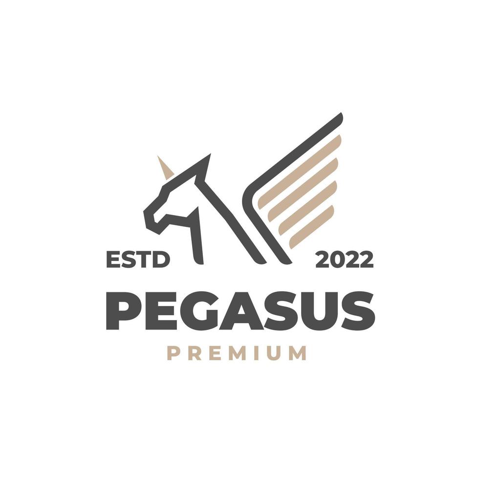 Simple line art logo of a Pegasus horse with golden wings and horns vector