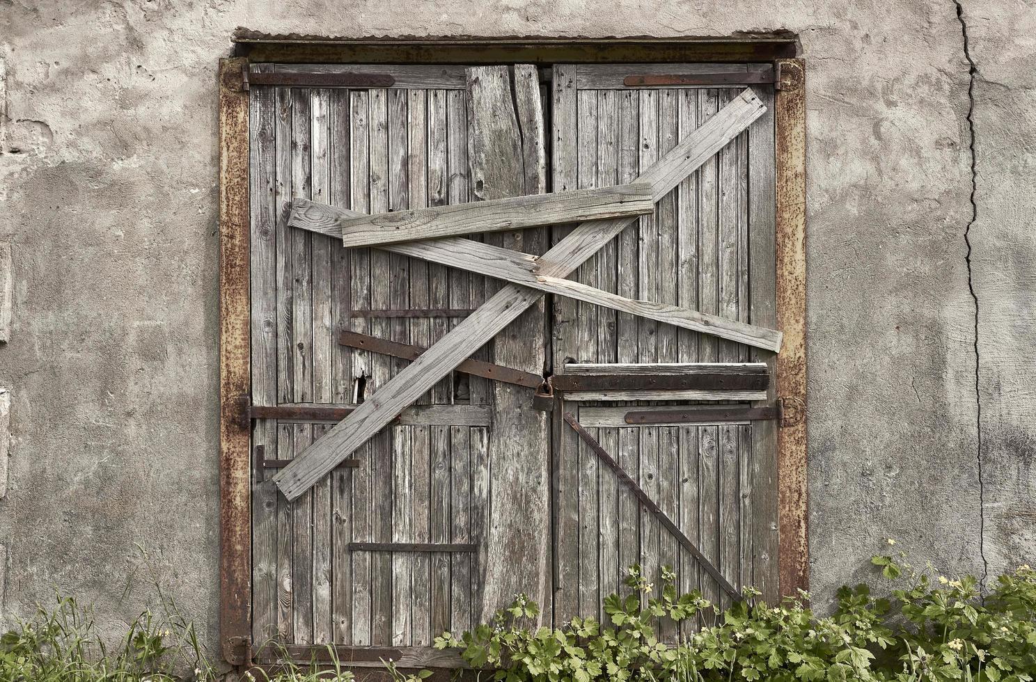 vieja puerta desierta cerrada y tapiada con placas de estaño y madera con plantas verdes creciendo en la parte inferior. foto