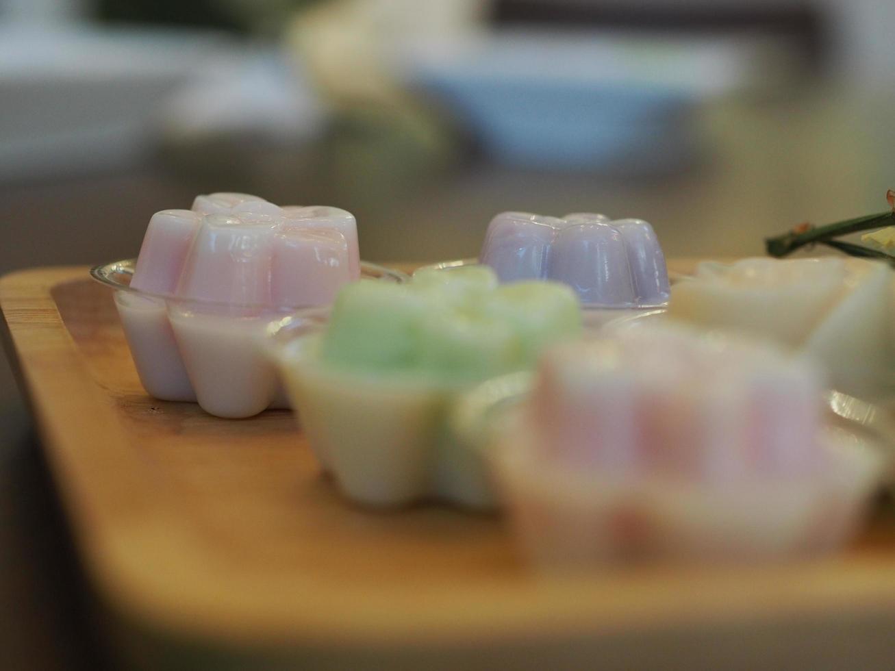 jelly desserts with a set of tea on the table. photo