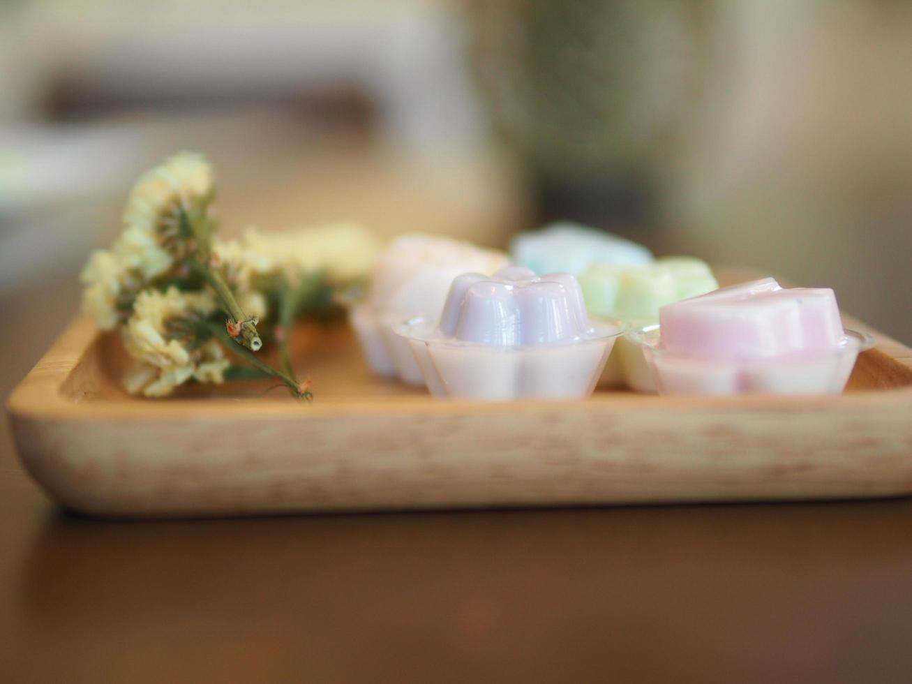 jelly desserts with a set of tea on the table. photo