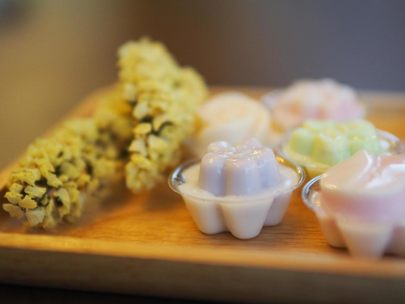 jelly desserts with a set of tea on the table. photo