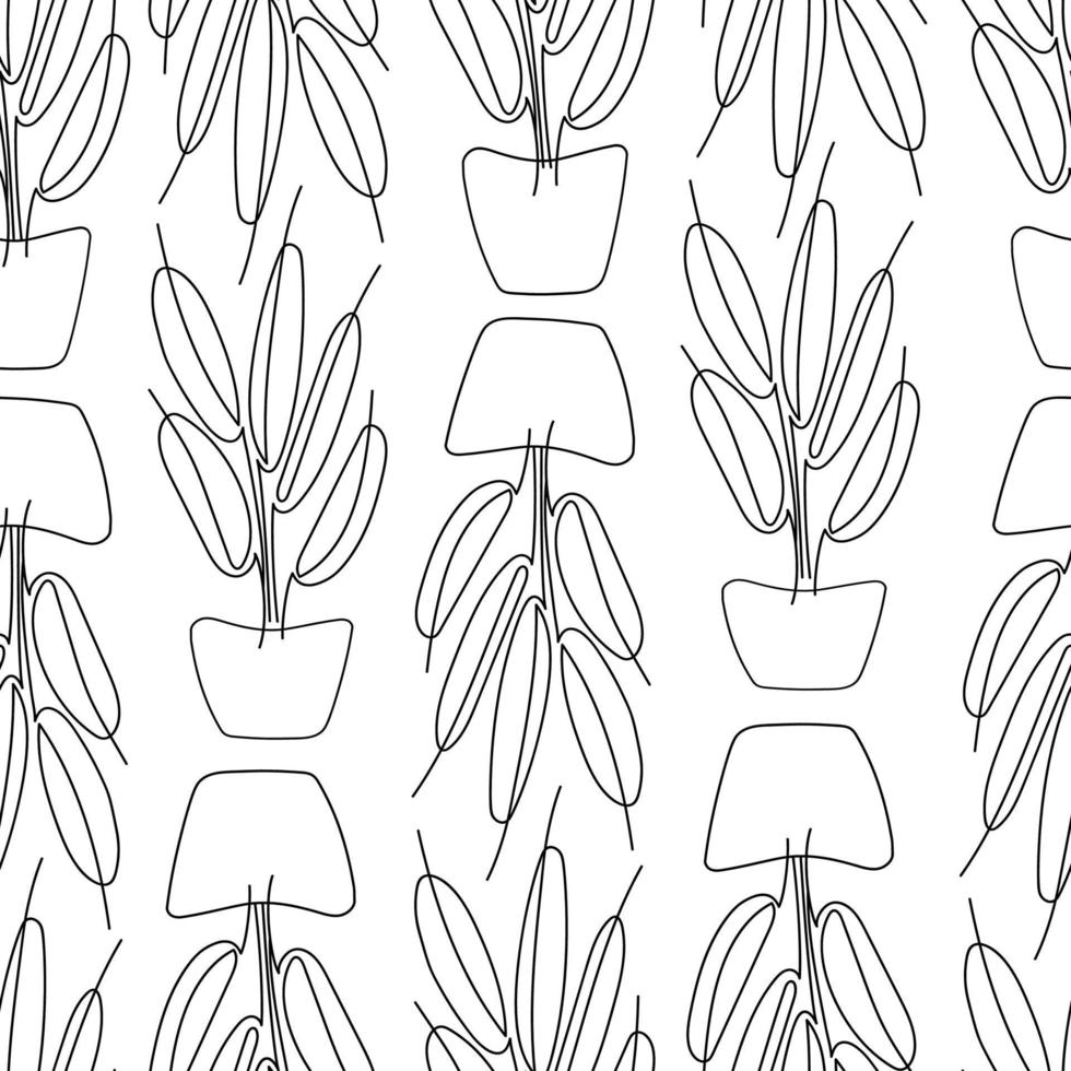 Vector seamless background with potted plants in the linart style.