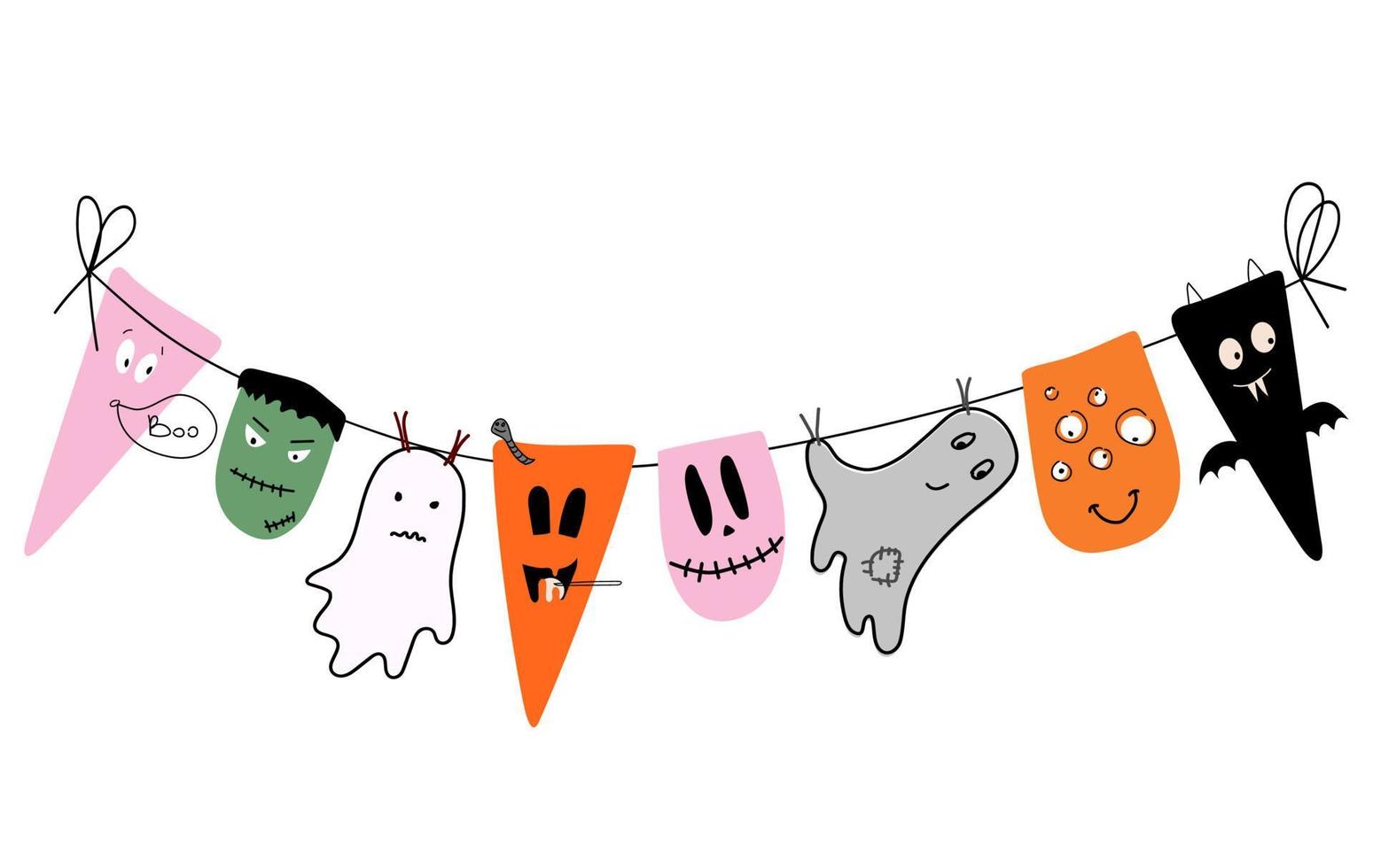 doodle garland de halloween con diferentes monstruos. vector