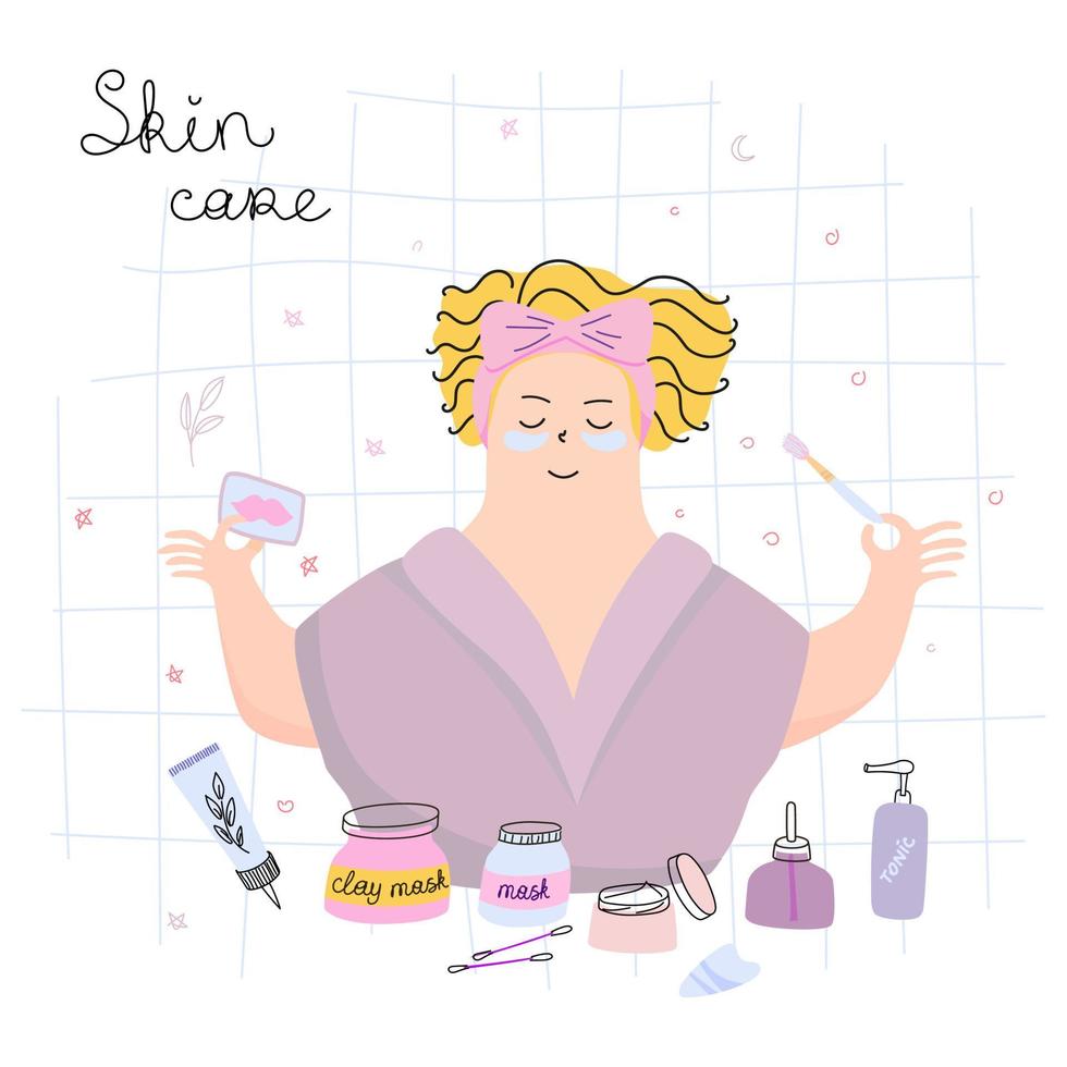 a woman takes care of her skin at home vector