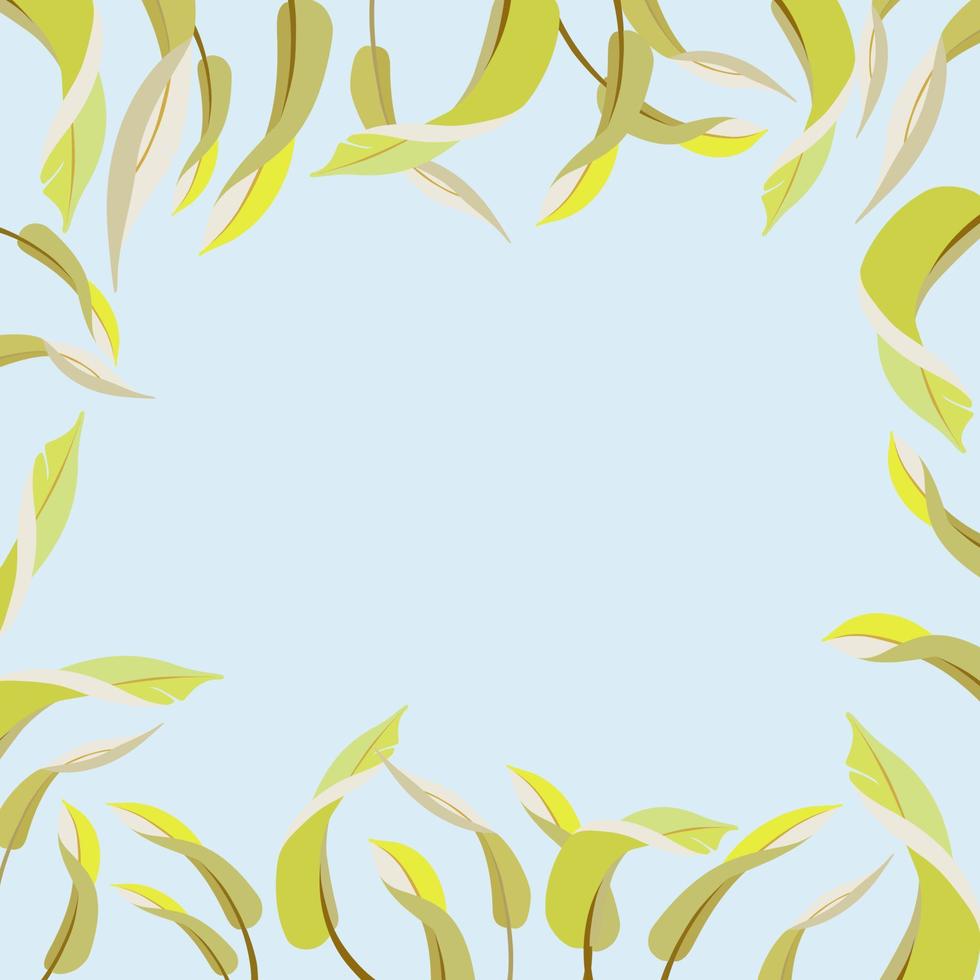 Vector bright square frame with banana leaves on blue background.