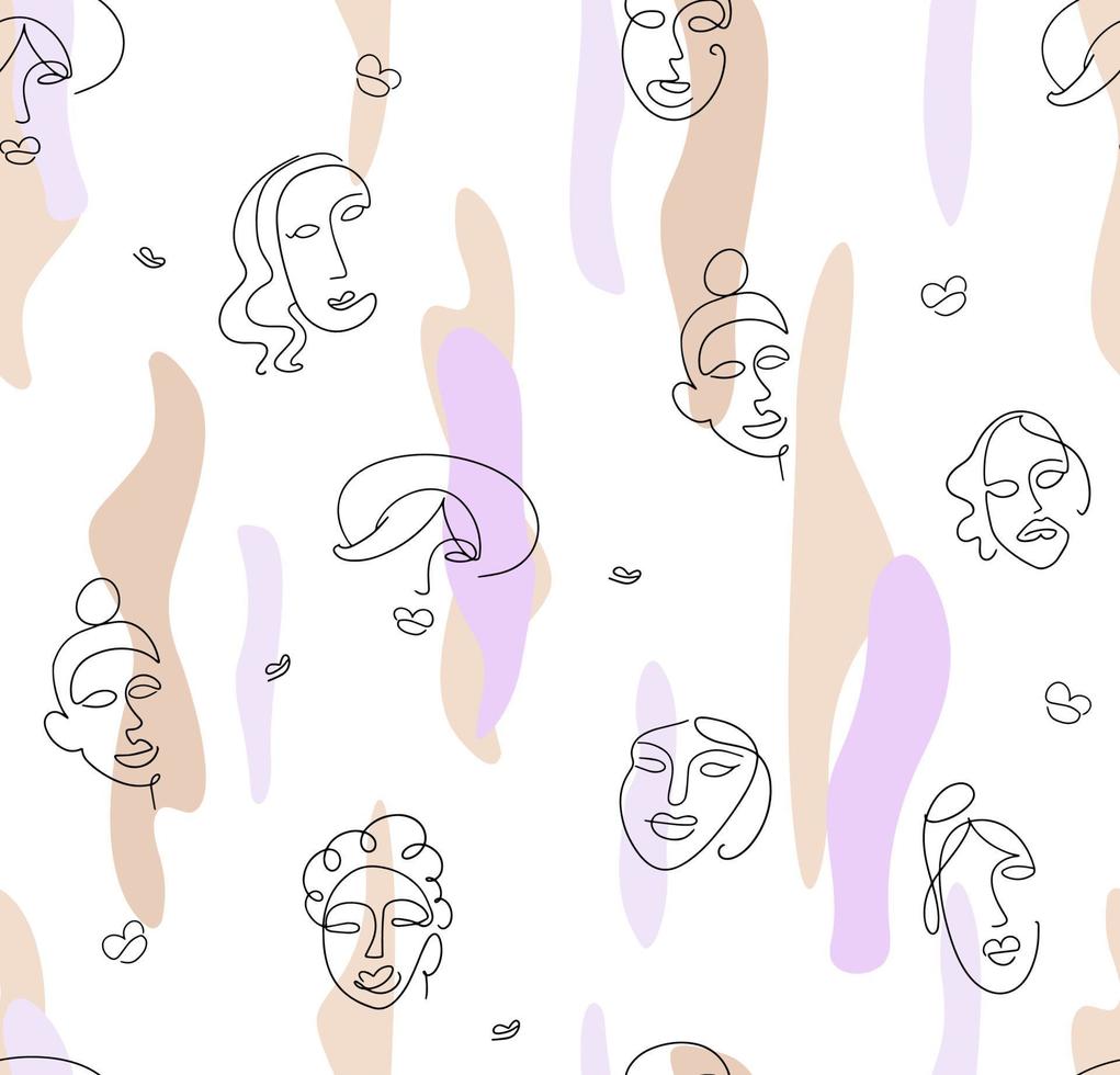 Abstract seamless pattern with women's faces in line-art style. vector