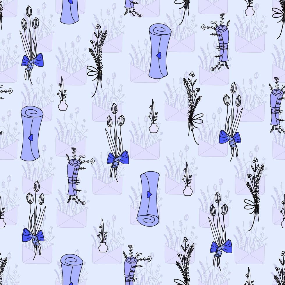 Vector vintage seamless blue romantic pattern in line art style.