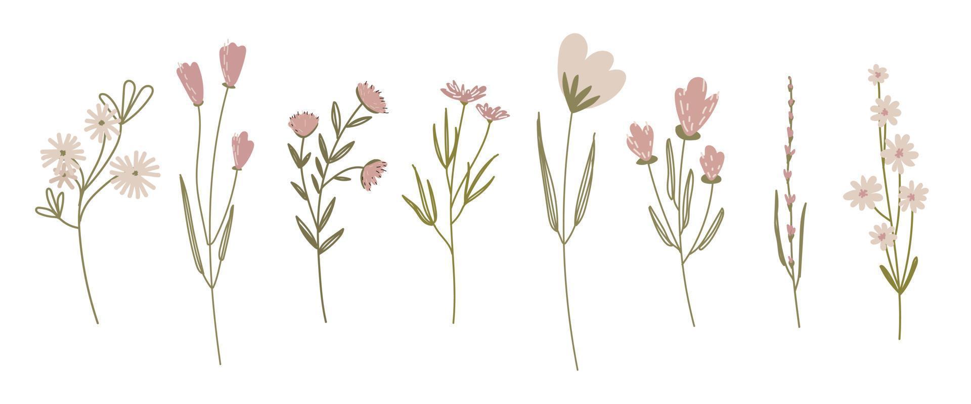 Hand drawn set rustic flowers doodle for decorative design. Floral illustration vector. vector