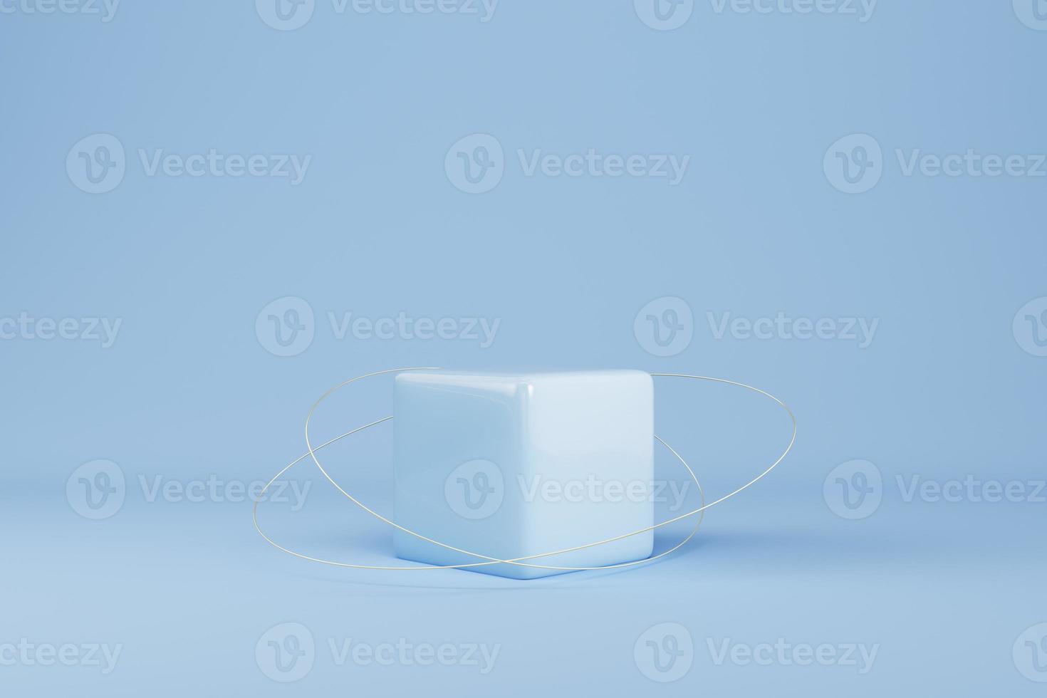 Blue box platform with flying geometric shape on pastel color background for product display photo
