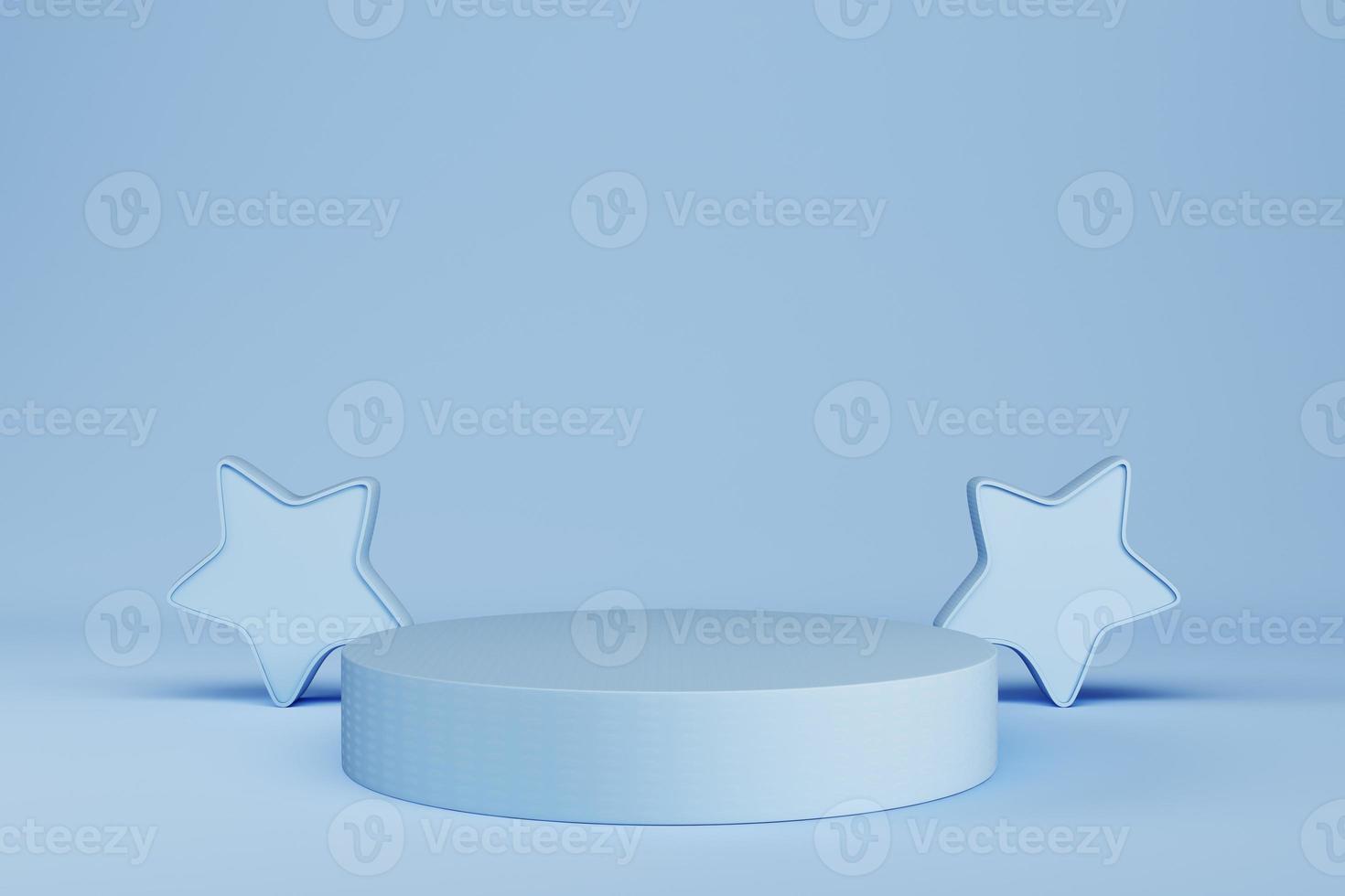 Abstract minimal pastel background. Light blue cylindrical pedestal or podium with stars for product display photo