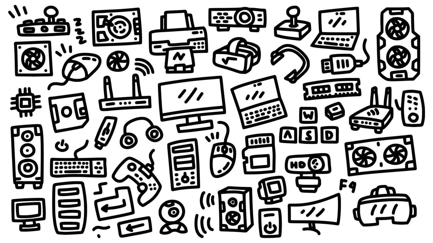 conjunto de iconos de computadora y hardware colección de ilustración de vector de contorno de dibujos animados de doodle dibujado a mano