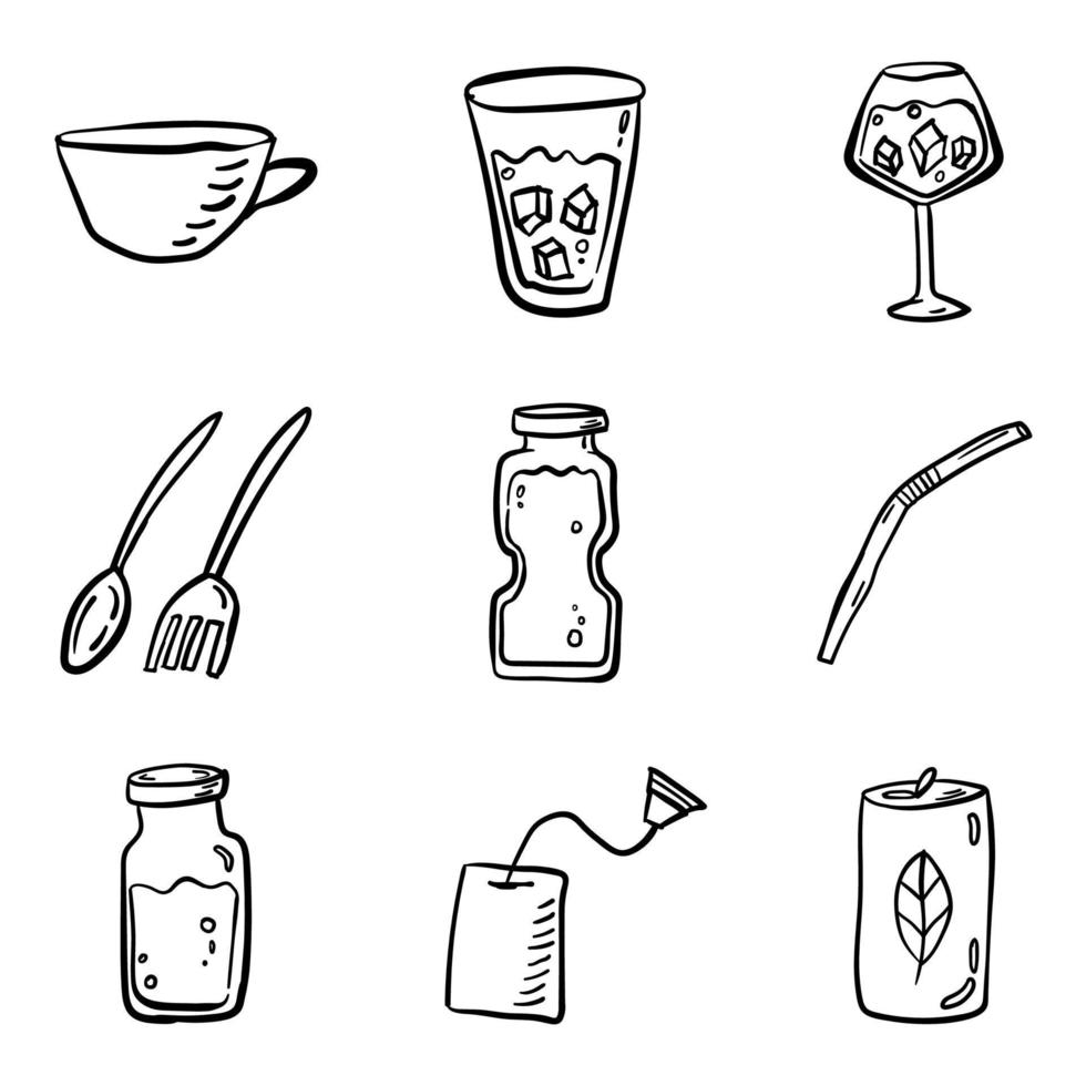 doodle dibujado a mano comida y bebida vacaciones simple contorno estilo vector conjunto de iconos