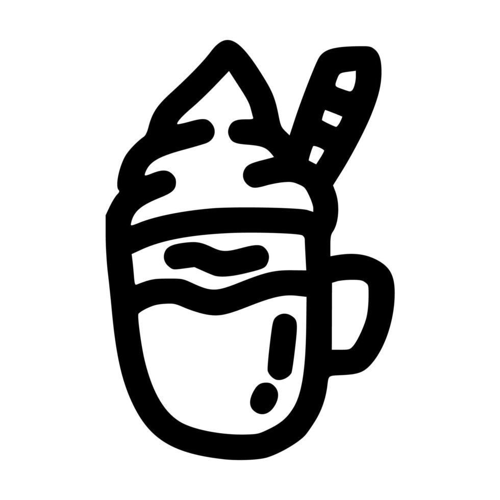 café helado o batido con crema batida en la parte superior icono de ilustración vectorial con estilo dibujado a mano de garabato para cafetería y negocios vector