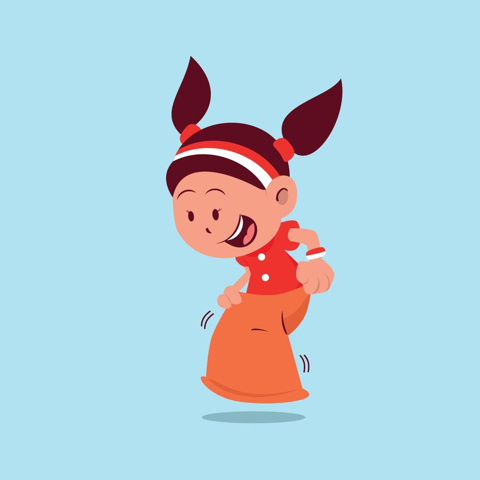 A cute girl doing sack race on Indonesia independence day event vector