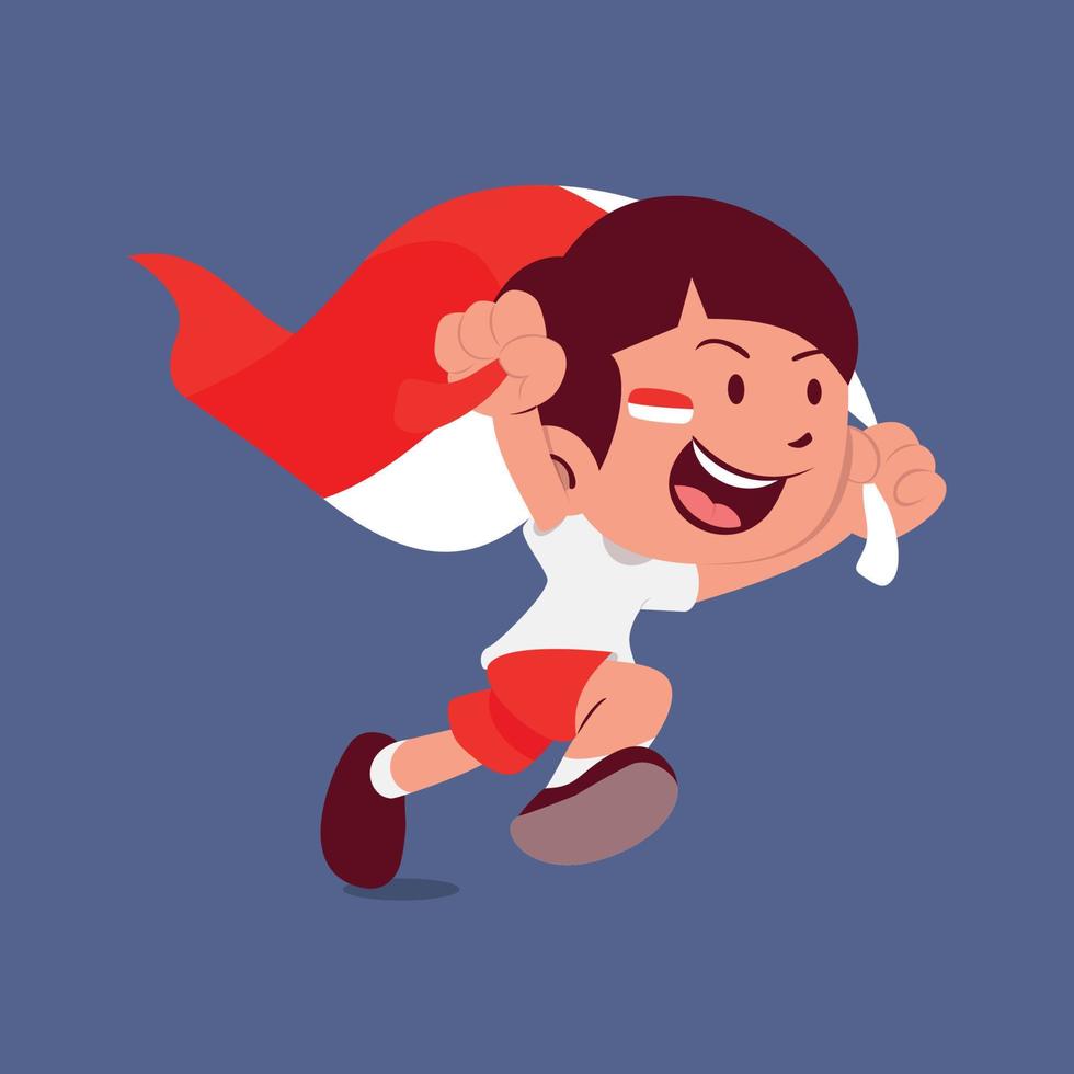 A cute boy running while carrying indonesian flag vector