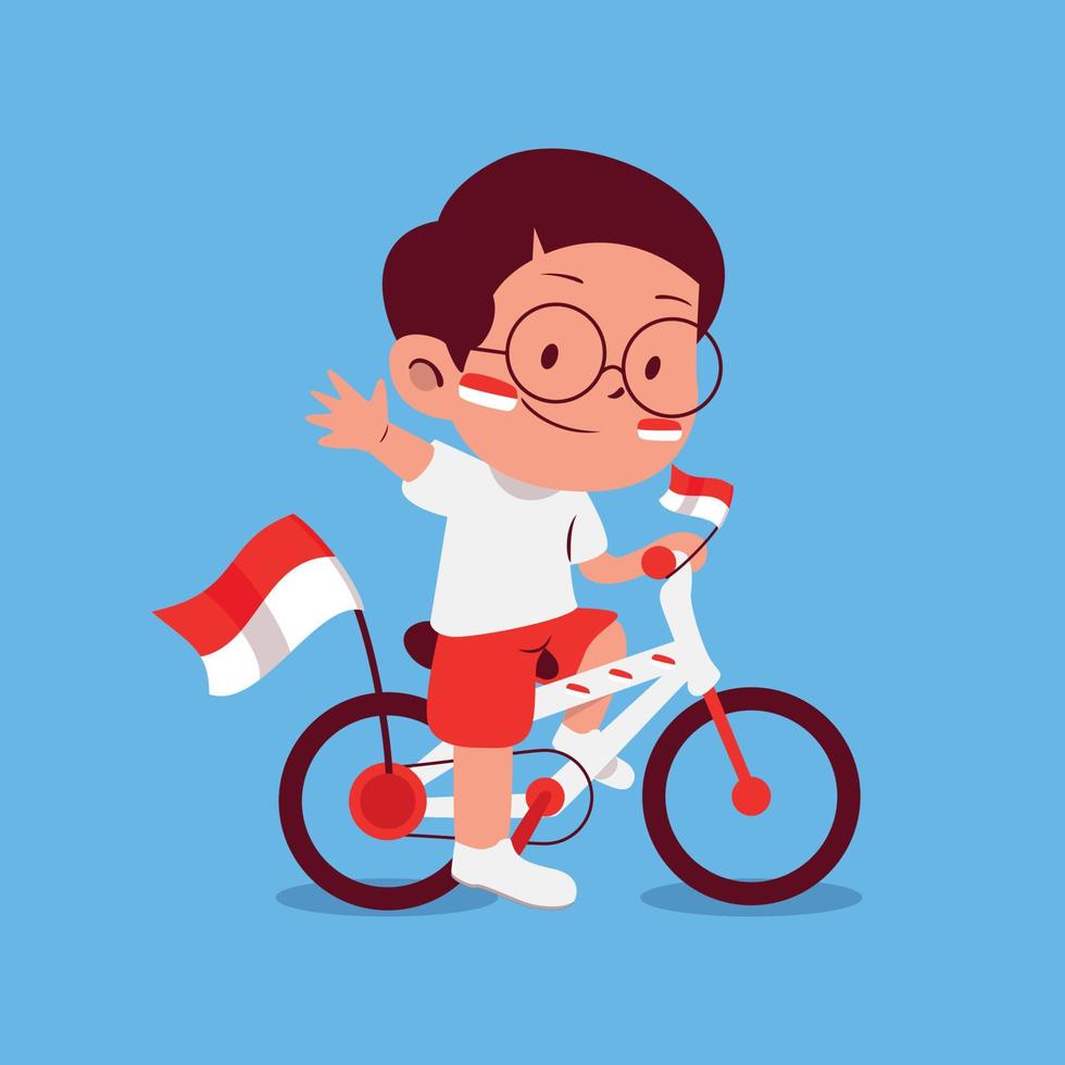 un chico lindo con su bicicleta decorada en el evento del día de la independencia de indonesia vector