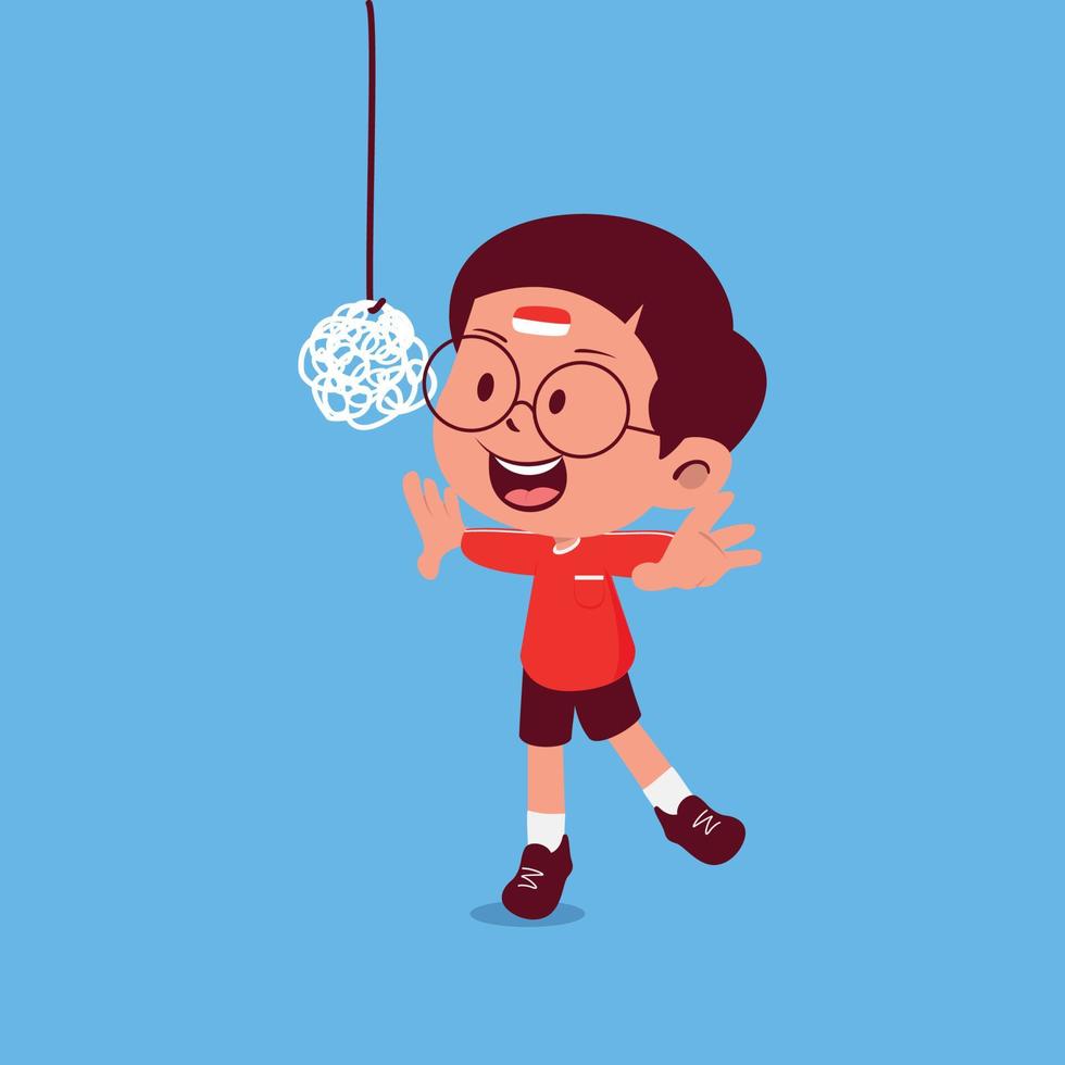 A cute boy with glasses doing crackers eating contest on Indonesia independence day event vector