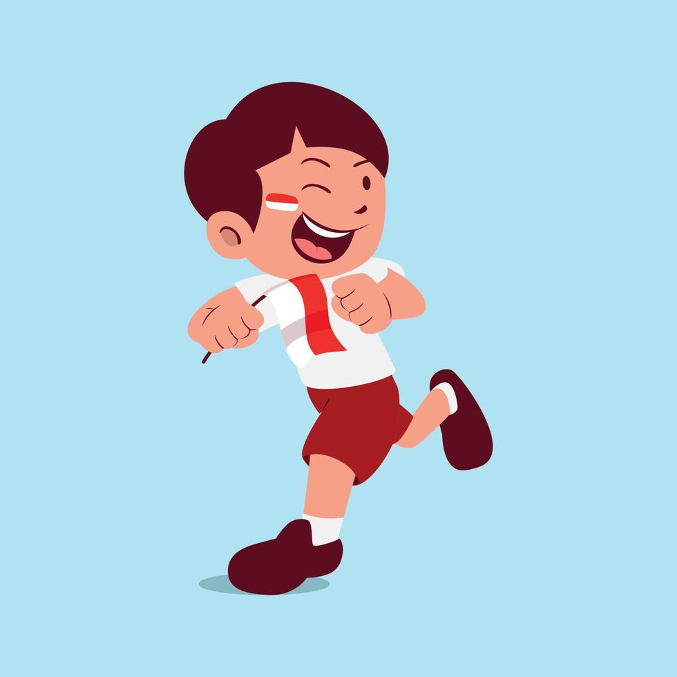 A cute boy smiling when doing flags run contest on Indonesia independence day event vector