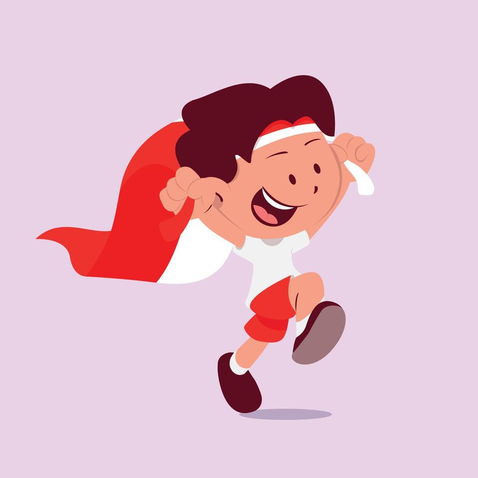 A cute boy running while holding indonesian flag vector