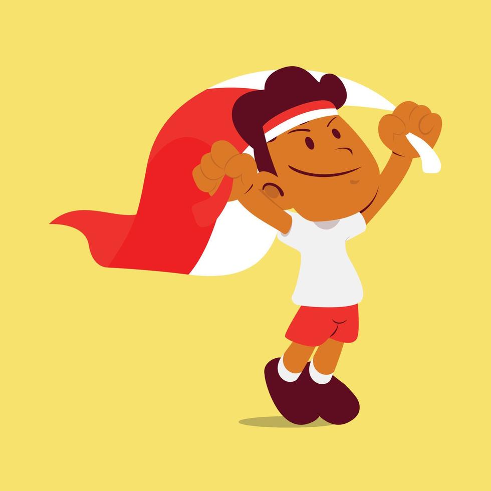 A cute black boy jumping while holding indonesian flag vector