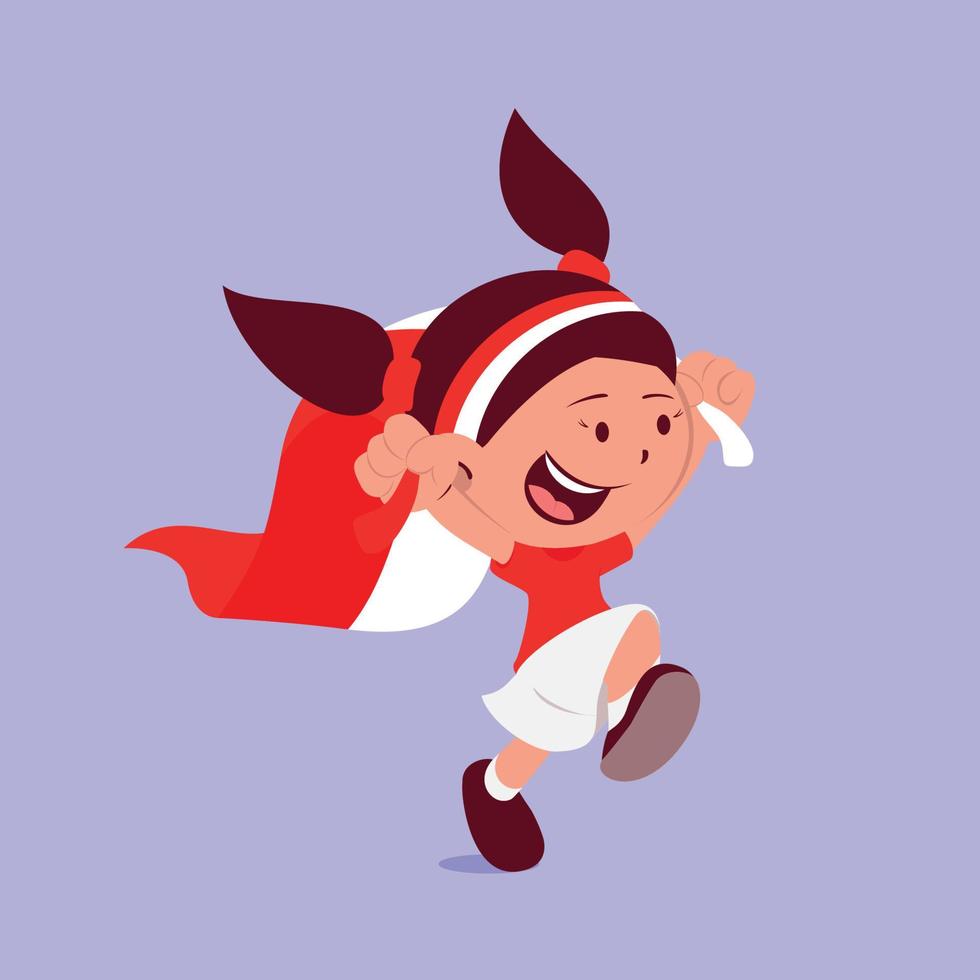 A cute girl running while holding indonesian flag vector