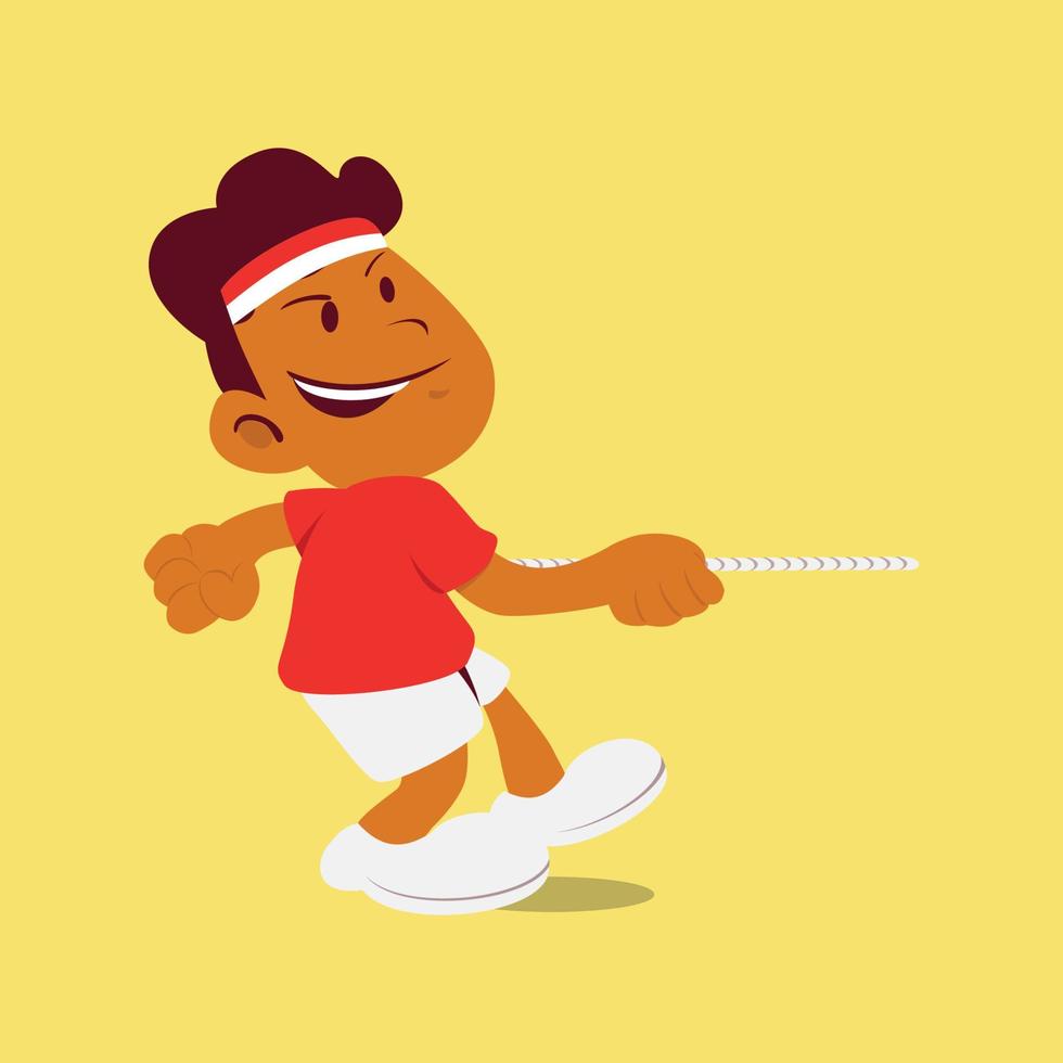 A cute black boy doing tug of war contest on Indonesia independence day event vector